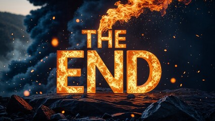 Intense burning “The End” lettering engulfed in flames, with heavy smoke rising above dark rocks and glowing ember sparks floating in cinematic firestorm

