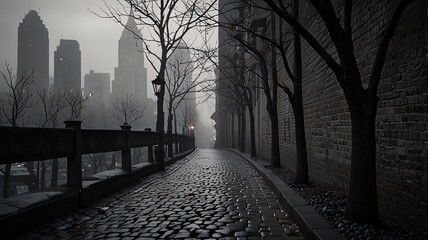 Moody Cobblestone Path Under Bare Branches in Monochrome V7