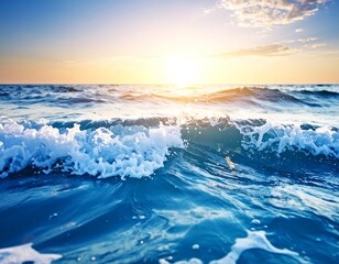 Ocean waves gently rolling, sunset glow on horizon