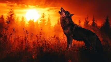 Wolf howls at fiery sunset over forest