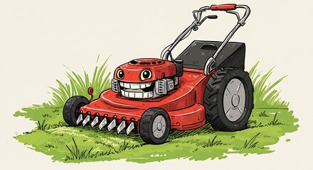 Fototapeta premium Cartoon Lawn Mower Cutting Grass Illustration
