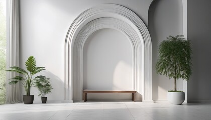 a white room with a large archway and a bench a potted plant is in the corner