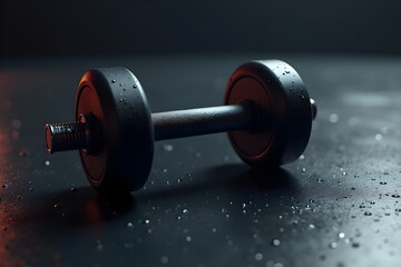 Moist Dark Dumbbell with Water Droplets on Reflective Surface