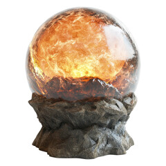 A fiery crystal ball rests on a rugged stone base, glowing with intense orange and yellow energy.