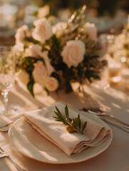 Rustic Wedding Table with Olive Twig and Linen Napkin