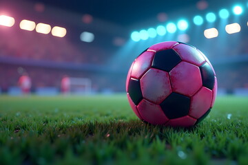 Fototapeta premium Intense Close-up of Soccer Ball on Stadium Field Under Vibrant Lights