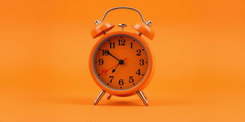Vintage orange alarm clock on orange background with copy space. Retro time, antique clock with details. Classic design, decoration, reminder, display. Analog clock. 