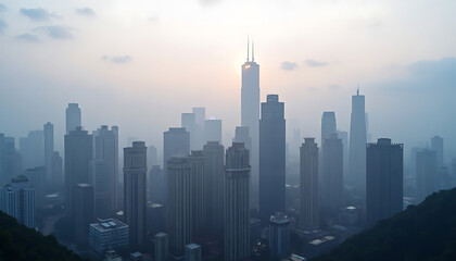 Fototapeta premium Misty Metropolis: Urban Skyline Shrouded in Haze