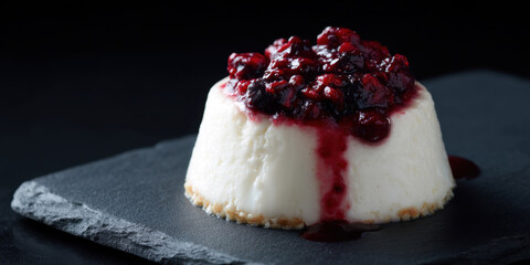 Creamy almond milk panna cotta topped with berry reduction on slate