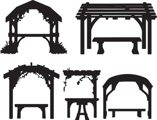 Fototapeta premium Silhouette Vector Art: Garden Arbor Designs, Pergola, Bench, Outdoor Structure, Landscape Elements