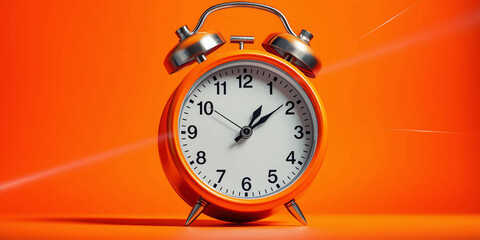 Vintage orange alarm clock on orange background with copy space. Retro time, antique clock with details. Classic design, decoration, reminder, display. Analog clock. 
