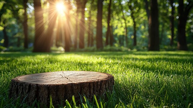 Sunlit forest scene with tree stump on grass