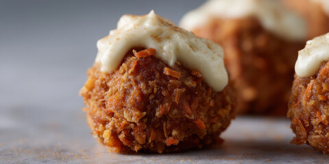 Carrot cake energy balls topped with creamy cashew frosting