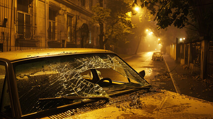 Damaged car with shattered windshield and scratched paint parked on a quiet street, depicting vehicle accident aftermath and insurance claim scenarios.
