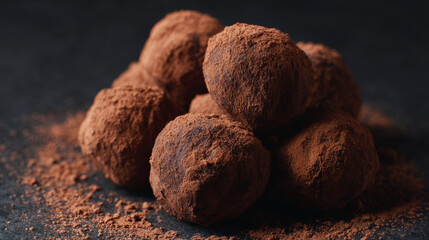 Rich chocolate truffles dusted with cocoa powder on dark background