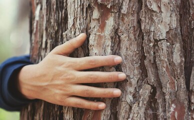 The Tactile Embrace of Nature Connecting with the Earth Through a Tree's Rough Bark Feeling Alive...