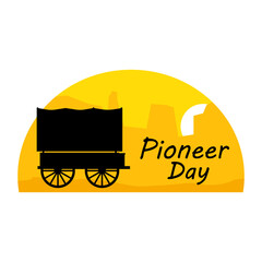 Silhouette of a covered wagon against the backdrop of mountains and sunset for Pioneer Day