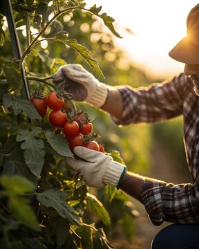 Close-up of a person's gloved hands carefully picking ripe red tomatoes from a leafy vine at sunset