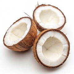 Fresh Cut Coconut Halves on White Background Display