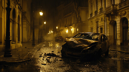 Damaged car with shattered windshield and scratched paint parked on a quiet street, depicting vehicle accident aftermath and insurance claim scenarios.
