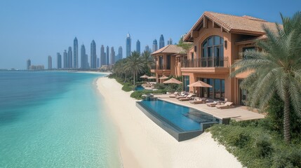Fototapeta premium Luxurious beachfront villa overlooking a city skyline