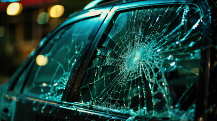 Damaged car with shattered windshield and scratched paint parked on a quiet street, depicting vehicle accident aftermath and insurance claim scenarios.
