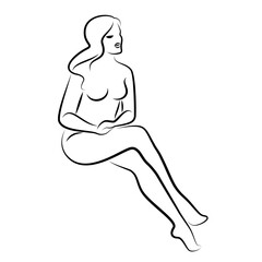 Silhouette of a cute lady, she is sitting. The girl has a beautiful naked figure. The woman is a young sexy and slim model. Vector illustration.