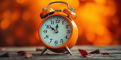 Vintage orange alarm clock on orange background with copy space. Retro time, antique clock with details. Classic design, decoration, reminder, display. Analog clock. 
