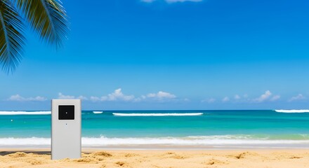 Silver Box on Beach with Blue Sky, Ocean, Sand and Palm