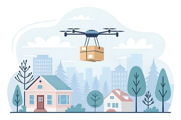 Dron dostarczający paczkę nad osiedlem domów, nowoczesna koncepcja dostawy przesyłek z powietrza w miejskim krajobrazie