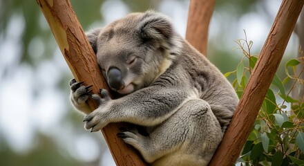 Obraz premium Sleeping Koala on Tree Branch