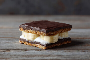 Vegan smores with dark chocolate and banana on wooden table