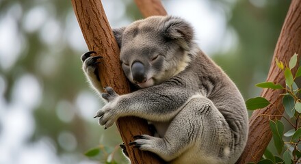 Naklejka premium Sleeping Koala on Tree Branch