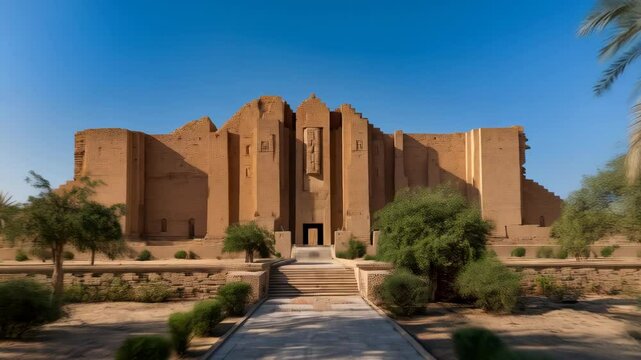 Ancient brick ziggurat facade with relief sculpture, surrounded by palm trees under a clear blue sky on a sunny day, showcasing architecture and nature