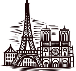 Obraz premium Iconic paris landmarks featuring eiffel tower and notre dame cathedral in artistic design