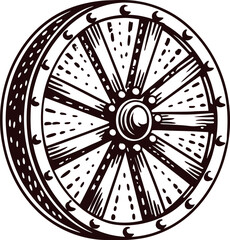 Medieval circular wooden shield with detailed engravings for protection and display