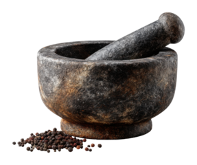 Grinding spices with a stone mortar and pestle kitchen still life rustic top view culinary arts isolated on transparent background