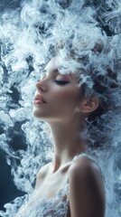Naklejka premium Female Portrait with Flowing Mist Enveloping Face and Shoulders on Dark Background