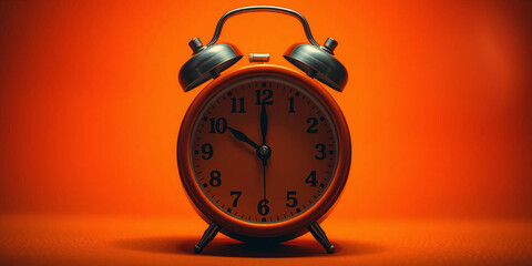 Vintage orange alarm clock on orange background with copy space. Retro time, antique clock with details. Classic design, decoration, reminder, display. Analog clock. 