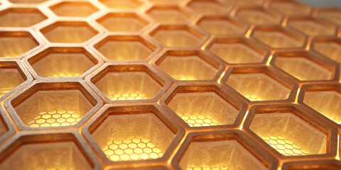 Geometric honeycomb light texture with warm amber glow, abstract pattern, modern design, illuminated surface, closeup view
