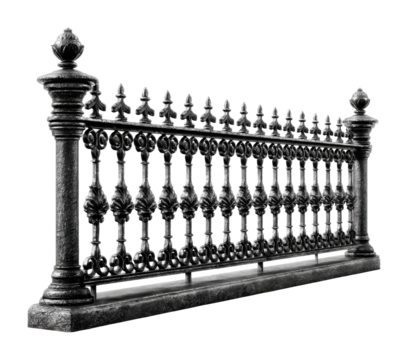Elegant iron fence design urban park decorative metalwork side view architectural beauty isolated on transparent background