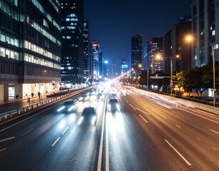 Fototapeta premium Night cityscape with busy highway, light trails, and tall buildings