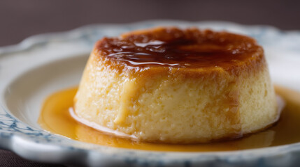 Creamy almond milk flan with burnt caramel on decorative plate