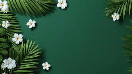 A vibrant green background showcases a composition of white flowers and tropical leaves, creating a serene and natural aesthetic ideal for decoration purposes