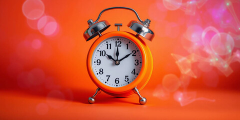 Vintage orange alarm clock on orange background with copy space. Retro time, antique clock with details. Classic design, decoration, reminder, display. Analog clock. 