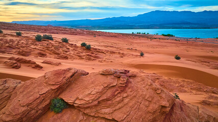 Aerial Red Sandstone Formations Desert Lake Sand Hollow State Park Flyover