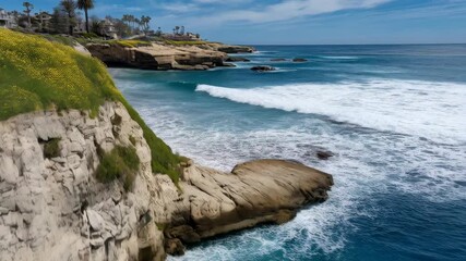 Coastal cliffs meet turquoise ocean with white wave foams and yellow wildflowers in scenic ocean landscape, blue skies and sand beach