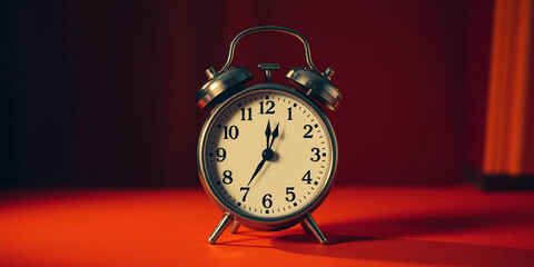 Vintage orange alarm clock on orange background with copy space. Retro time, antique clock with details. Classic design, decoration, reminder, display. Analog clock. 