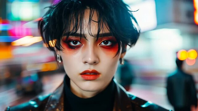 Stylish portrait of a young man in Harajuku fashion style with vibrant neon lights and dynamic motion blur.