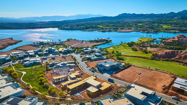 Aerial Luxury Lakeside Homes Golf Course and Waterfront Development Flyover